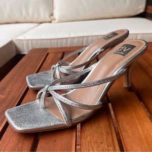 Silver Metallic Square Toe Short Heel Sandal
